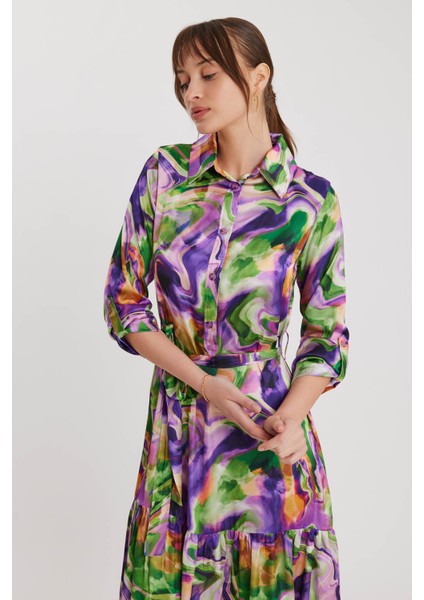 Batik Desen Uzun Kol Kuşaklı Elbise fırsatları