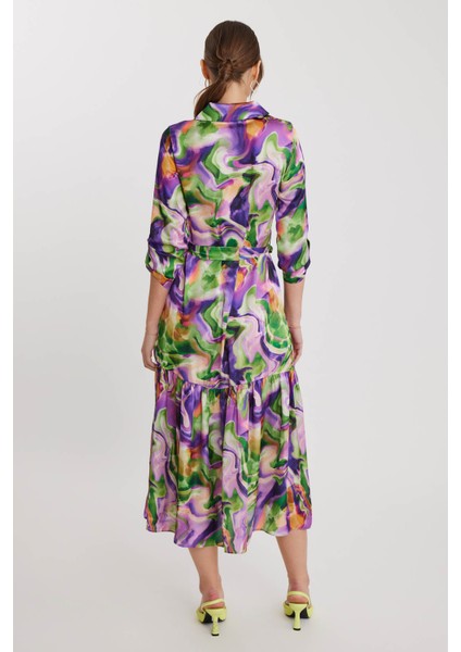 Batik Desen Uzun Kol Kuşaklı Elbise indirimleri