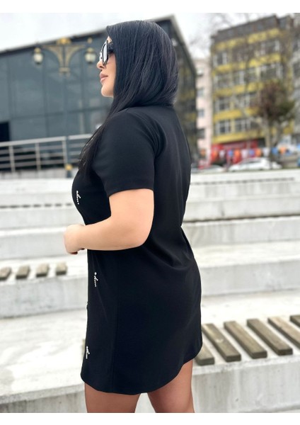 Kadın Büyük Beden Önü Işlemeli Elbise 24011 Siyah modelleri