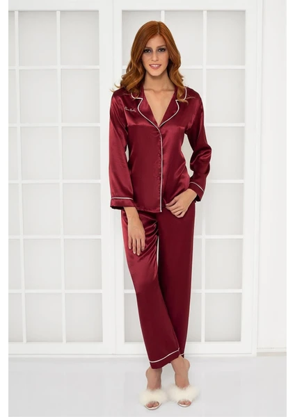 Pierre Cardin 1200 Kadın Saten Pijama Takımı-Bordo