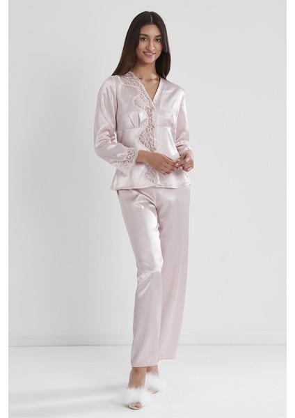 1160 Kadın Saten Dantelli Pijama Takımı-Pudra