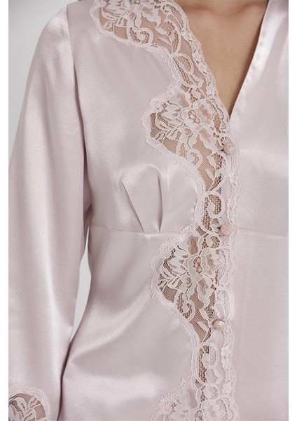 1160 Kadın Saten Dantelli Pijama Takımı-Pudra indirimleri