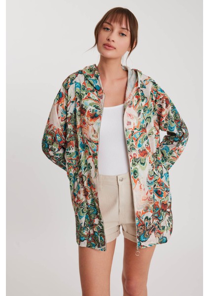 Ebruli Desen Beli Büzgülü Kapüşonlu Ceket