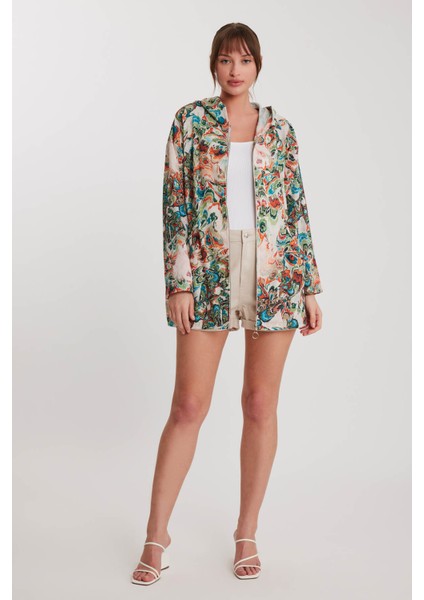 Ebruli Desen Beli Büzgülü Kapüşonlu Ceket fiyatları