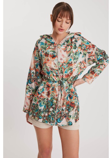 Ebruli Desen Beli Büzgülü Kapüşonlu Ceket modelleri