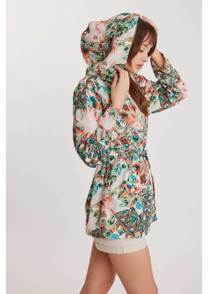 Ebruli Desen Beli Büzgülü Kapüşonlu Ceket indirimleri