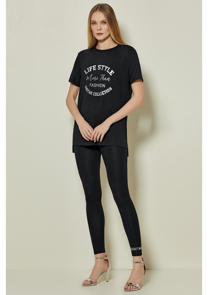 Baskılı Siyah Modal Tayt