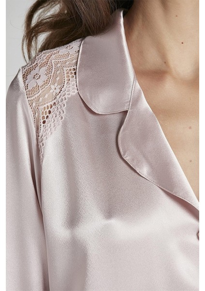 1438 Kadın Saten Dantelli Pijama Takımı-Pudra fırsatları