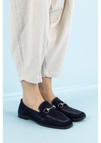 Malik Kadın Tokalı Süet Lacivert Loafer Ayakkabı