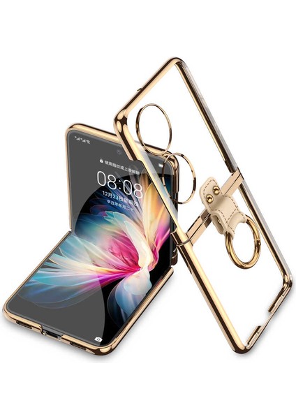 Huawei P50 Pocket Kılıf Şeffaf Sert Pvc Kenar Renkli Ring Gold