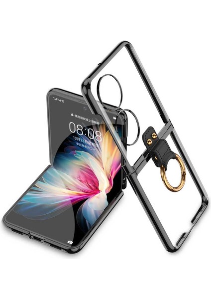 Huawei P50 Pocket Kılıf Şeffaf Sert Pvc Kenar Renkli Ring Siyah