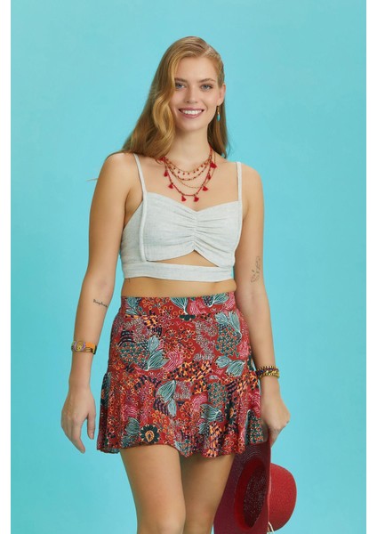 Desenli Volanlı Mini Şort Etek