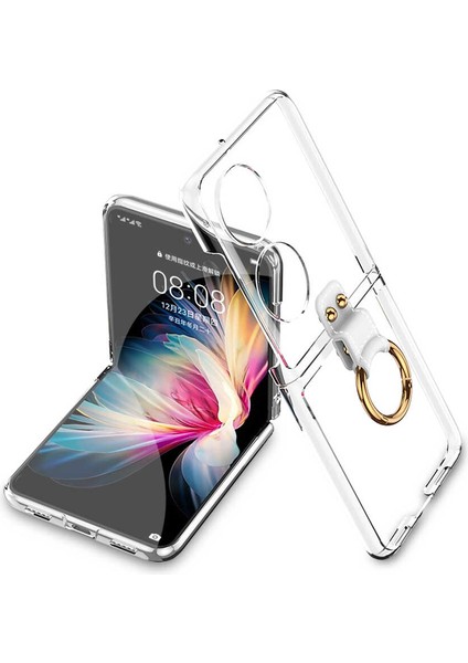 Huawei P50 Pocket Kılıf Şeffaf Sert Pvc Kenar Renkli Ring Renksiz