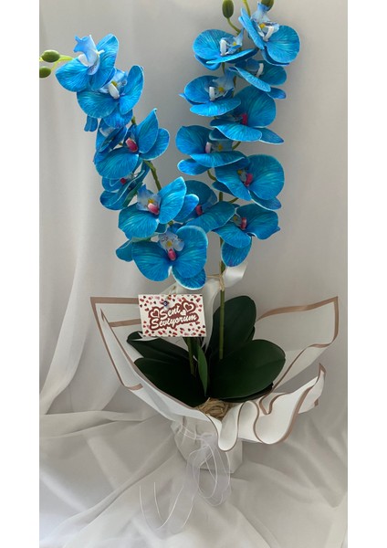 Saksıda Yapay Orkide 2 Dal Mavi Orkide,sevgiliye Hediye,anneye Hediye,masa Çiçeği,vazo Çiçeği