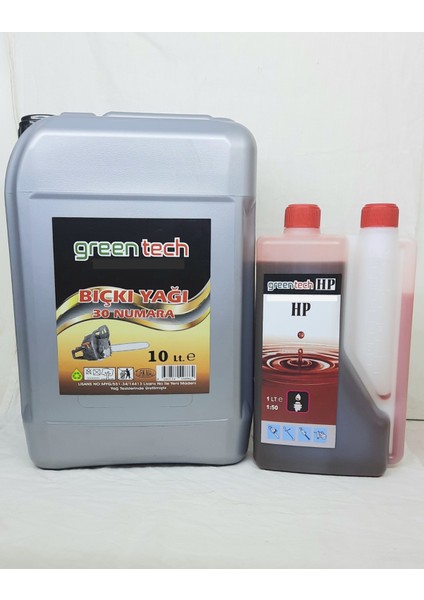 30 Numara Bıçkı Testere Zincir Yağı 10 Litre+Greentech 2t 2 Zamanlı Ölçekli Ağaç Kesme Tırpan Bıçkı Yağı 1 Litre