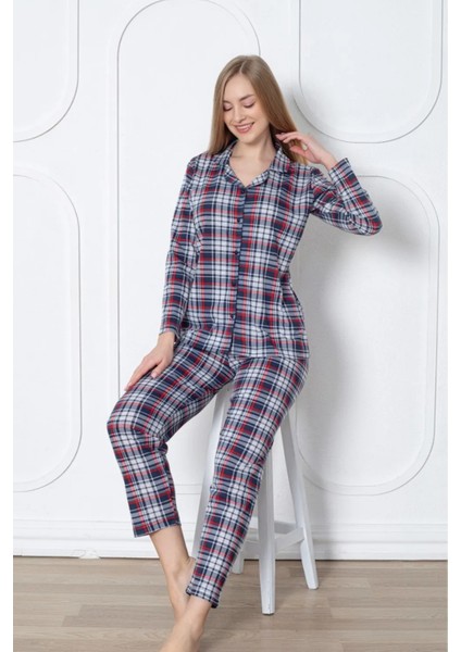 Farya Home Dreamy Pamuklu Ekoseli Uzun Kollu Önden Düğmeli Gömlek Pijama Takımı