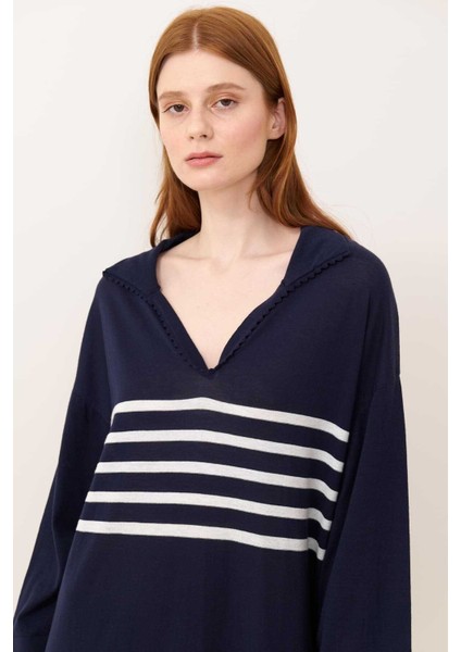 Polo Yakalı Çizgi Desenli Midi Elbise Lacivert Beyaz Y2471024_395 modelleri