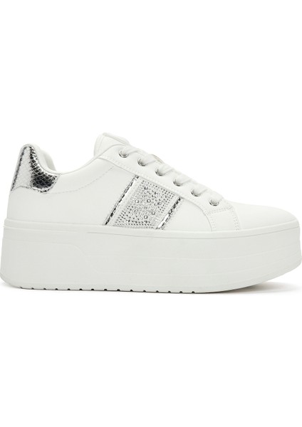 Kadın Beyaz Kalın Tabanlı Taşlı Sneaker