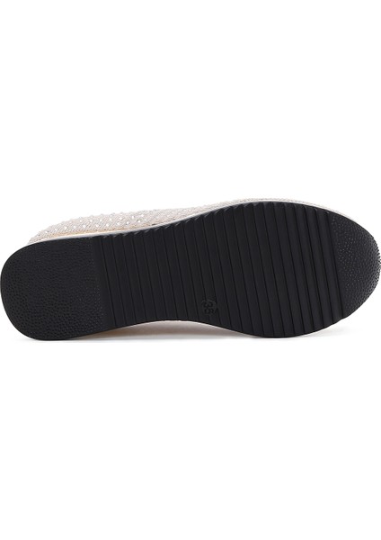 Kadın Bej Kalın Tabanlı Taşlı Sneaker