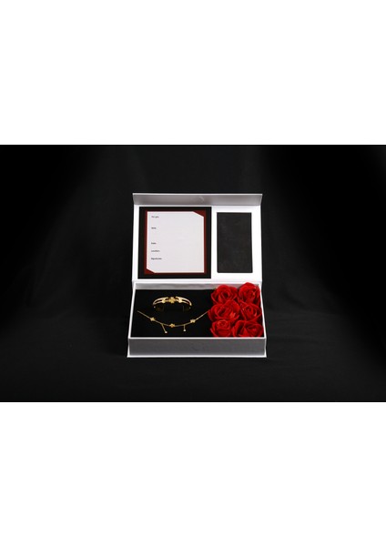 Lüks Hediye Kutulu 3'lü Yonca Taşlı Paslanmaz Çelik Kolye & Kelepçeli Acılabilir Bilezik Takımı