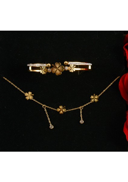 Lüks Hediye Kutulu 3'lü Yonca Taşlı Paslanmaz Çelik Kolye & Kelepçeli Acılabilir Bilezik Takımı fiyatları