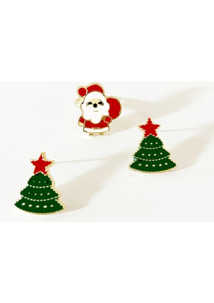 Yılbaşı Christmas Noel Baba Yüzük ve Çam Ağacı Küpe Seti fiyatları