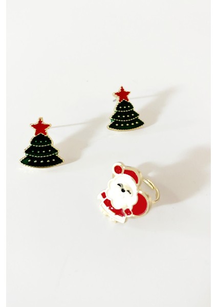 Yılbaşı Christmas Noel Baba Yüzük ve Çam Ağacı Küpe Seti modelleri