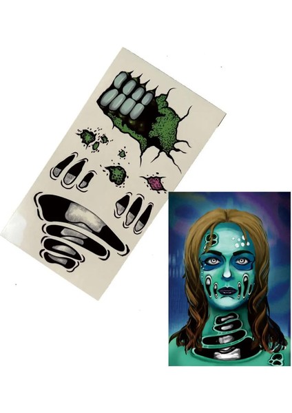 Halloween Cadılar Bayramı Makyajı Korkunç Yeşil Dişli Yüz ve Boyun Geçici Dövme