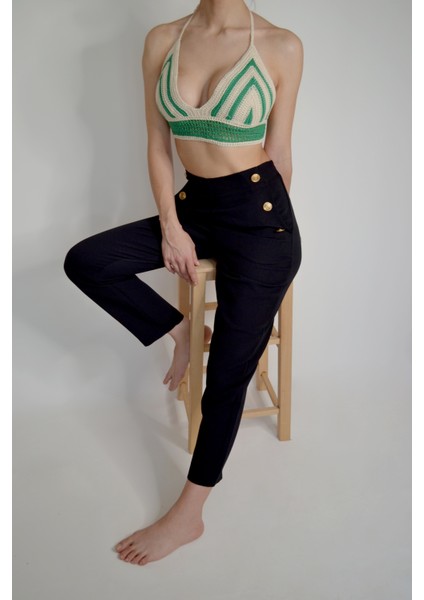 Kadın Beyaz V Yaka Yeşil Süngerli Örme Triko Bralet Crop Büstiyer