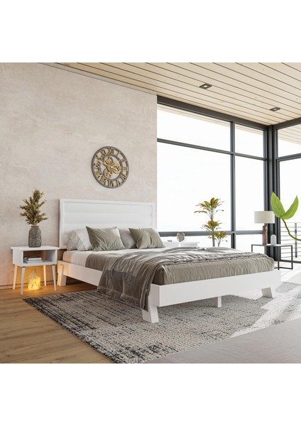 Hüma Model Beyaz Renk Çam Ahşap Karyola ve Iki Komodin Set ( Yatay )