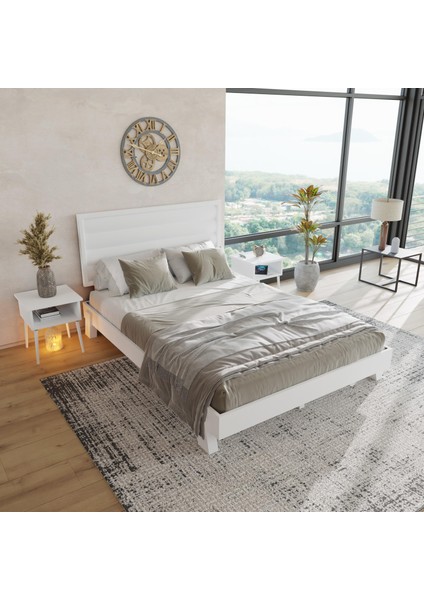Hüma Model Beyaz Renk Çam Ahşap Karyola ve Iki Komodin Set ( Yatay )