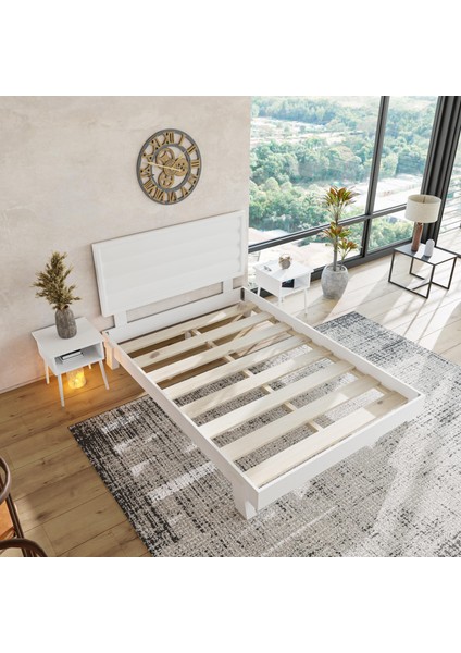 Hüma Model Beyaz Renk Çam Ahşap Karyola ve Iki Komodin Set ( Yatay )