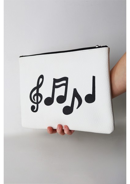 Kadın Vegan Deri Clutch Fermuarlı Beyaz Nota Figürlü Baskılı Omuz Çantası