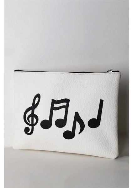 Kadın Vegan Deri Clutch Fermuarlı Beyaz Nota Figürlü Baskılı Omuz Çantası fırsatları