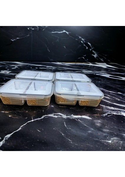 4 Adet 2 Bölmeli Erzak Kabı Saklama Kabı 1+1 Toplam 2 Litre Hacimli Yerli Üretim