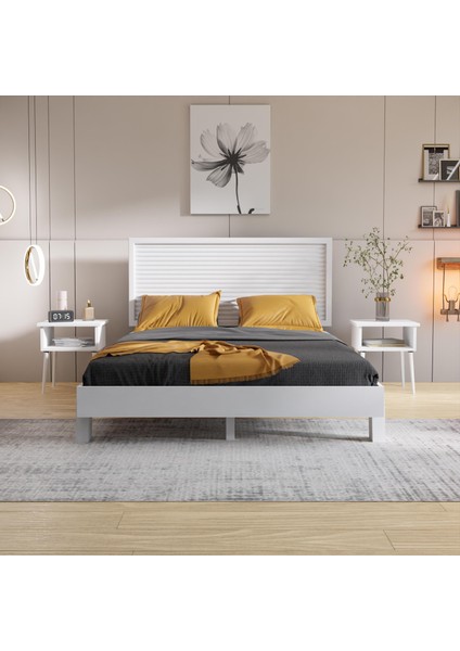 Ebruli Model Beyaz Renk Çam Ahşap Karyola ve Iki Komodin Set ( Dikey )