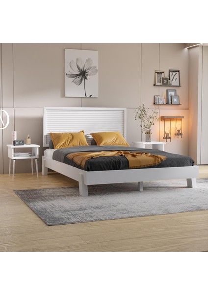 Ebruli Model Beyaz Renk Çam Ahşap Karyola ve Iki Komodin Set ( Dikey )