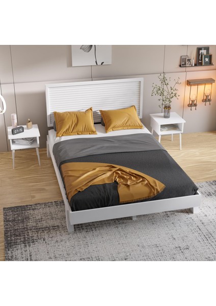 Ebruli Model Beyaz Renk Çam Ahşap Karyola ve Iki Komodin Set ( Dikey )