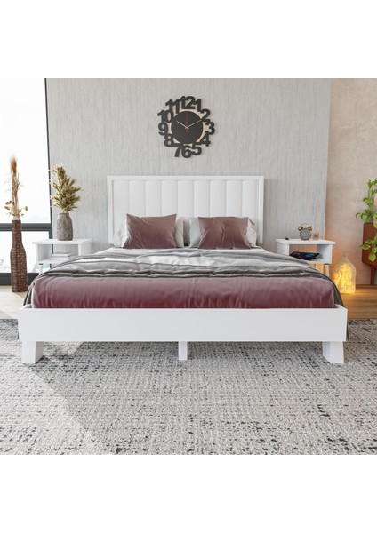 Hüma Model Beyaz Renk Çam Ahşap Karyola ve Iki Komodin Set ( Dikey )