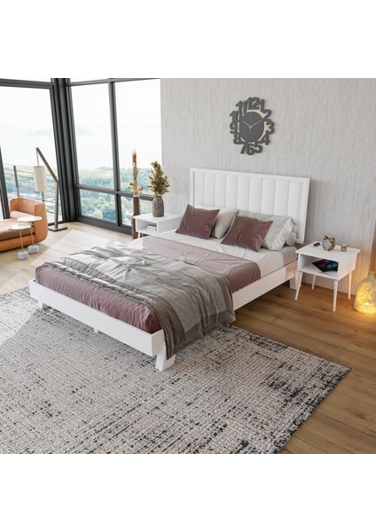 Hüma Model Beyaz Renk Çam Ahşap Karyola ve Iki Komodin Set ( Dikey )