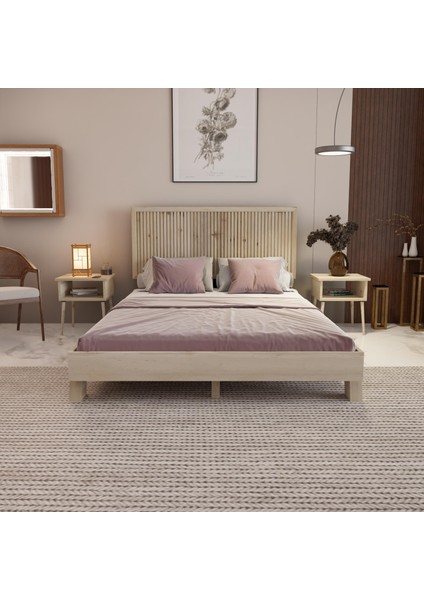 Alaz Model Vernikli Çam Ahşap Karyola ve Iki Komodin Set ( Dikey )