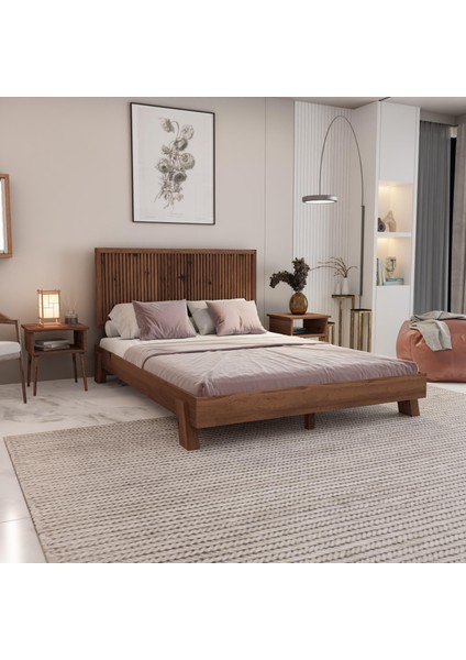 Alaz Model Ceviz Renk Çam Ahşap Karyola ve Iki Komodin Set ( Dikey )