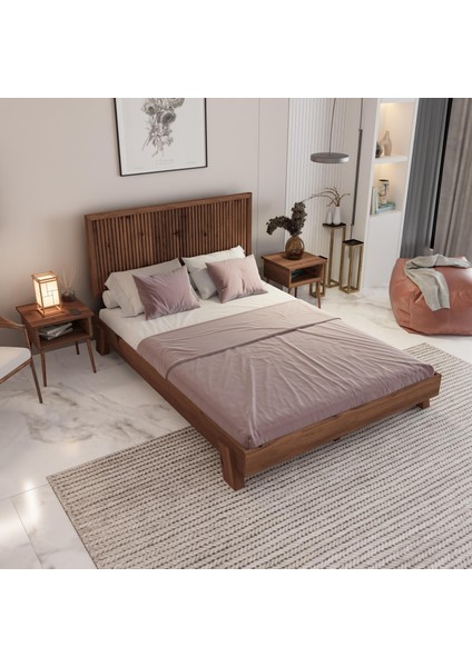 Alaz Model Ceviz Renk Çam Ahşap Karyola ve Iki Komodin Set ( Dikey )