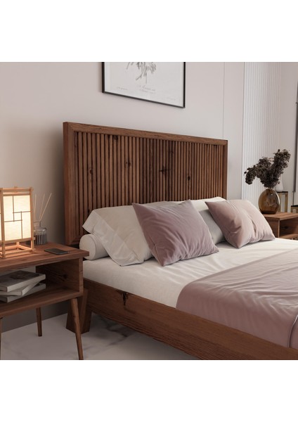 Alaz Model Ceviz Renk Çam Ahşap Karyola ve Iki Komodin Set ( Dikey )