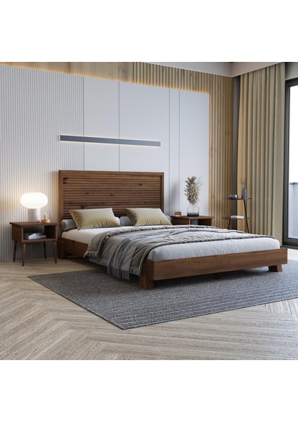 Alaz Model Ceviz Renk Çam Ahşap Karyola ve Iki Komodin Set ( Yatay ) modelleri
