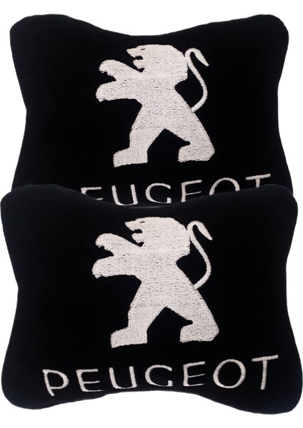 Peugeot Uyumlu Beyaz Nakışlı Siyah Polar Araç & Oto Koltuk Seyahat Boyun Yastığı / 2'li Set