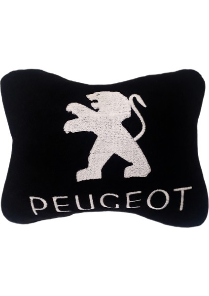 Peugeot Uyumlu Beyaz Nakışlı Siyah Polar Araç & Oto Koltuk Seyahat Boyun Yastığı / Tekli