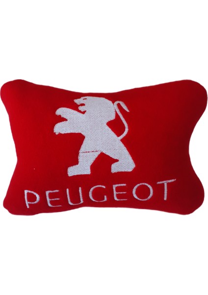 Peugeot Uyumlu Beyaz Nakışlı Kırmızı Polar Araç & Oto Koltuk Seyahat Boyun Yastığı / Tekli
