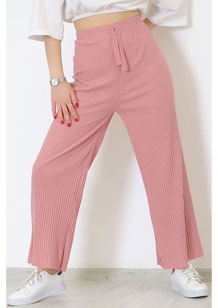 Yüksek Bel Yumuşacık Fitilli Beli Lastikli Günlük Rahat Kadın Pijama Pembe