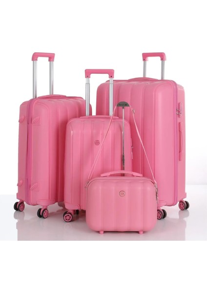 Polipropilen 4'lü Valiz Seti Büyük & Orta & Kabin & Makyaj Pembe V305